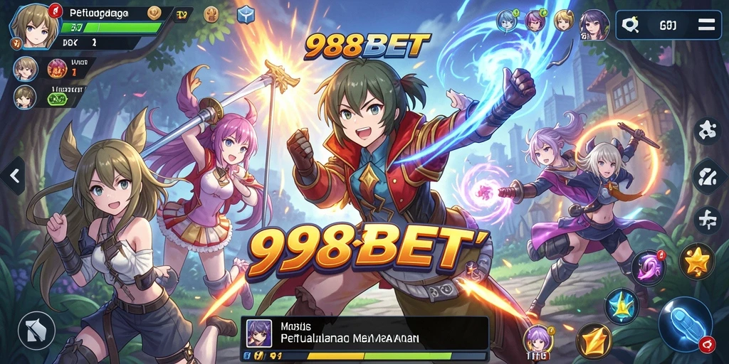 Tangkapan layar utama 988BET menampilkan aksi seru dan karakter Anime.