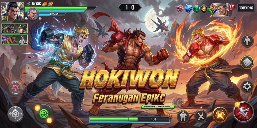 Tampilan gameplay HOKIWON dengan karakter bertarung intens.