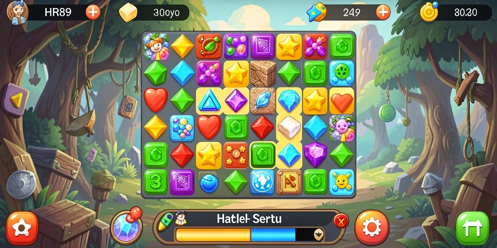Tampilan gameplay HR89 dengan pencocokan objek yang ceria.