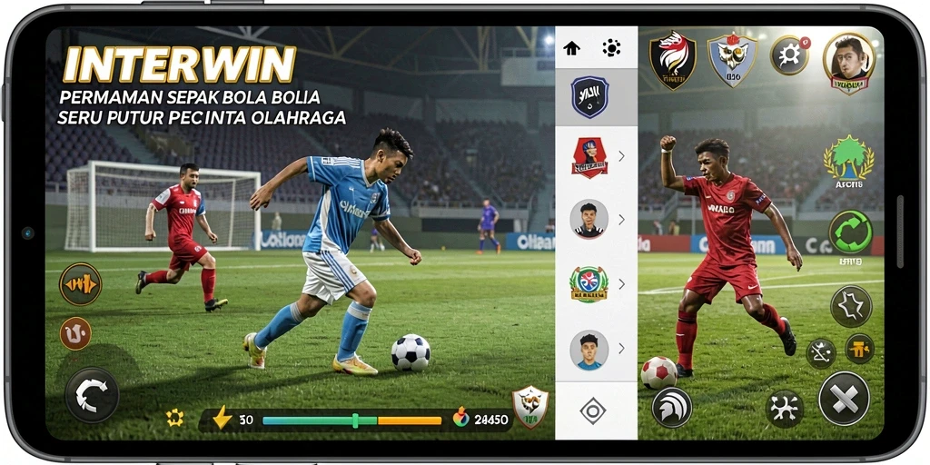 Tangkapan layar gameplay INTERWIN yang menunjukkan aksi sepak bola seru.