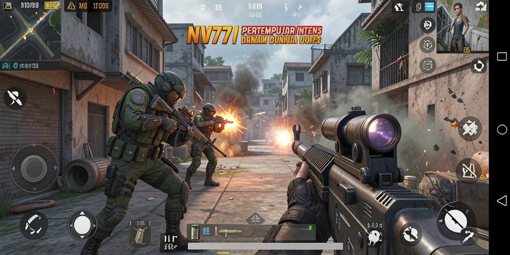 Screenshot gameplay NV77 dengan aksi pertempuran yang mendebarkan.