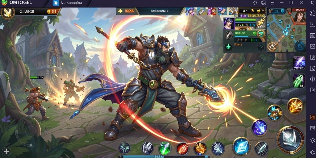Menampilkan aksi seru dalam gameplay MOBA OMTOGEL.
