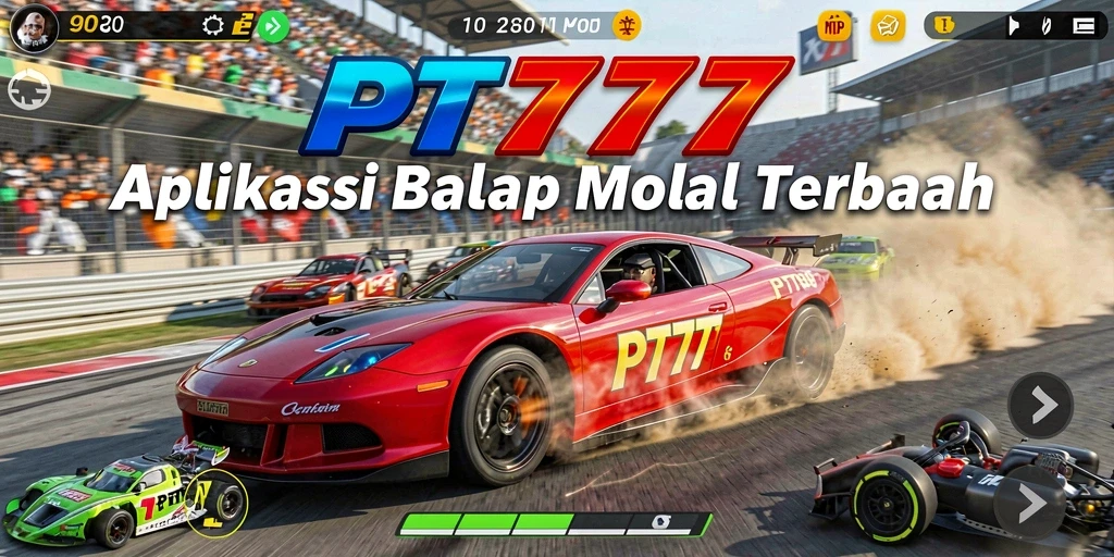 Tangkapan layar utama PT777 menunjukkan mobil melaju kencang di lintasan balap.